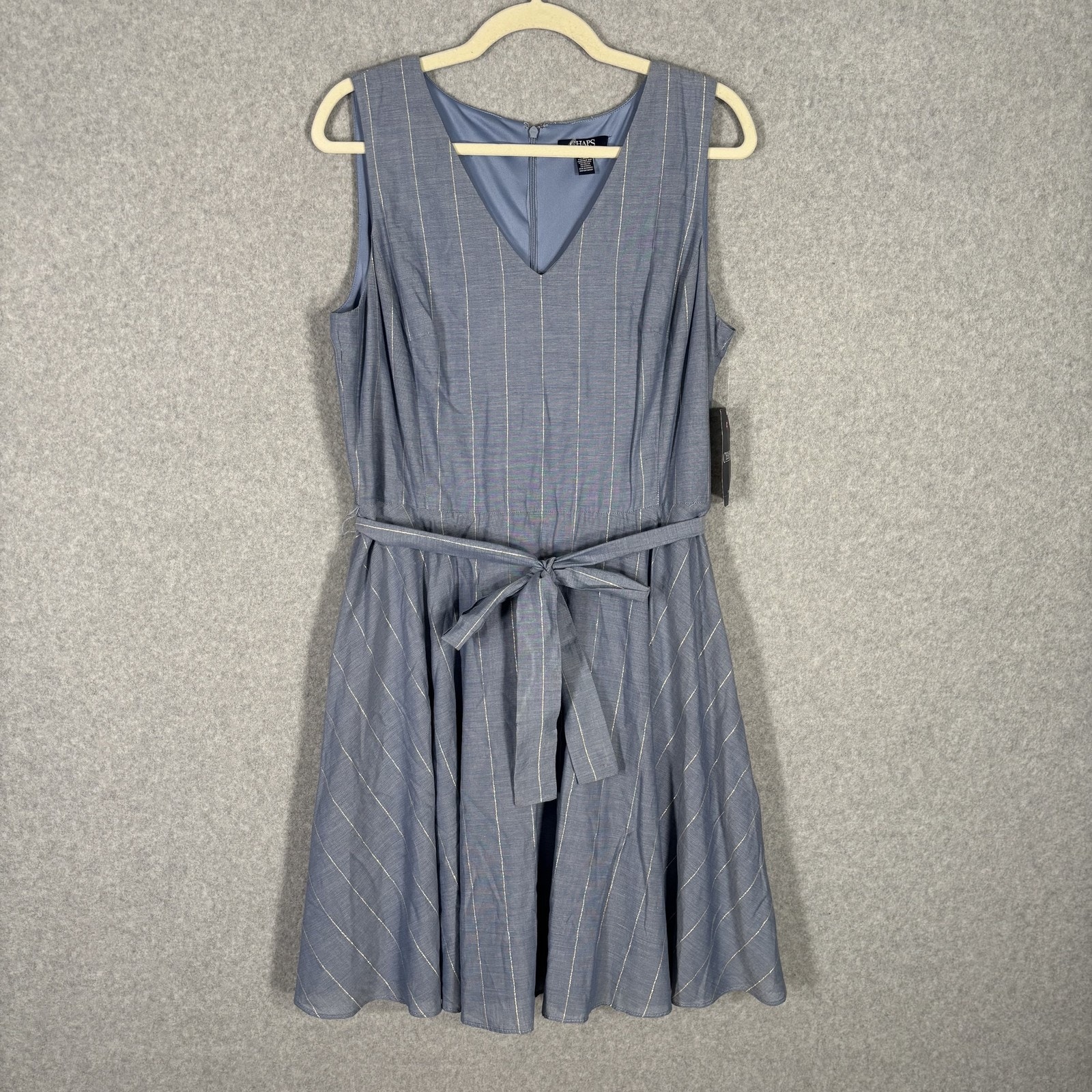 Chaps Dress 12 Chambray Silver Metallic Flowy Tie Waist Preppy Nautical New $110